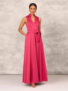 Aidan Mattox Sleeveless Magenta Maxi Dress with Waist Tie